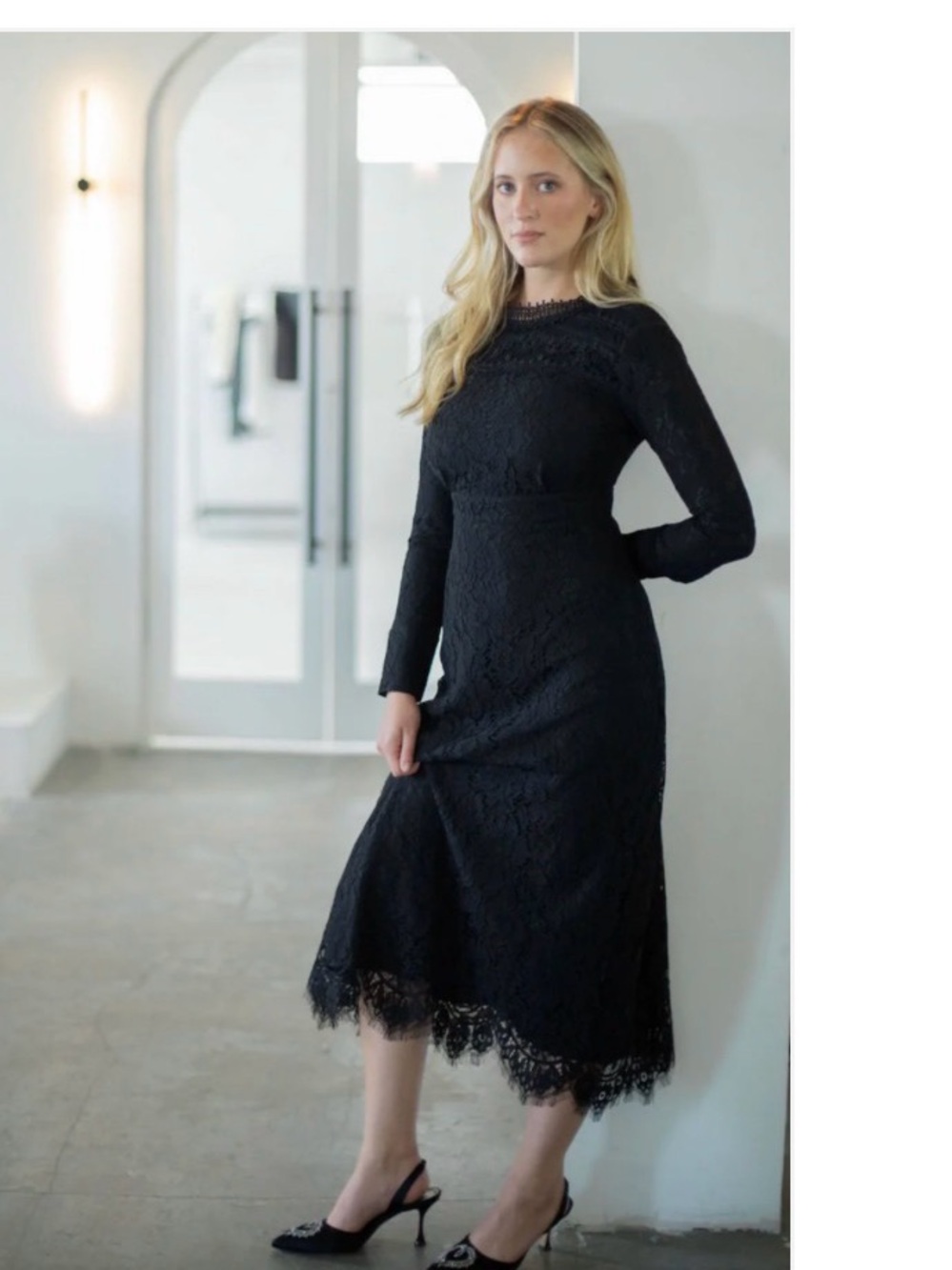 Malka Majesty Dress Size large Black Lace Midi Long Sleeve Formal Church Modest
